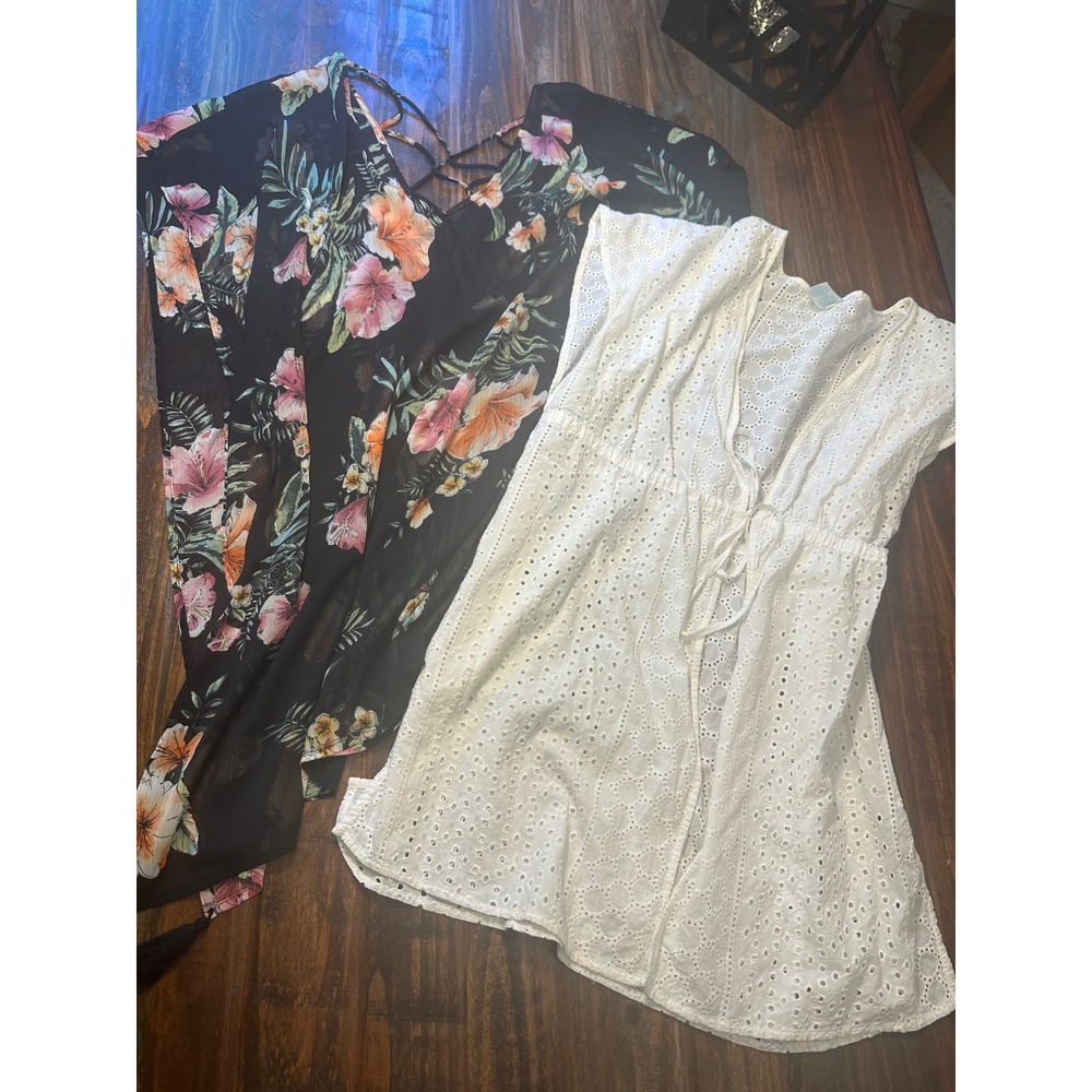 Kona Sol 2 Women Swim Cover‎ Up Floral Tassel Detail Black & White Cut out  L/XL